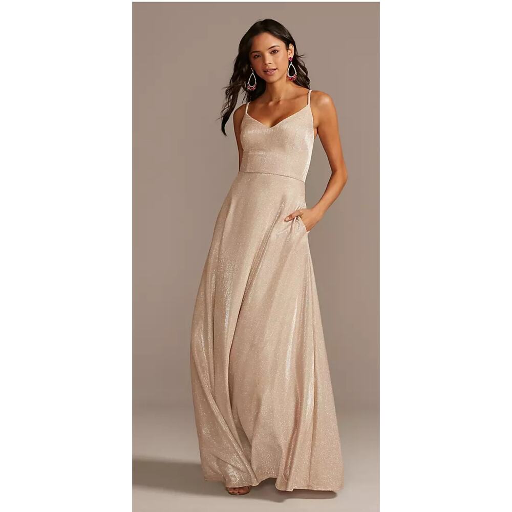 David's Bridal Speechless Gold Glitter Spaghetti Strap Gown Size 3